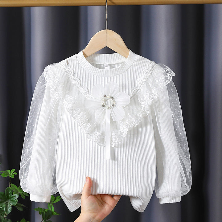 Girls Long Sleeve Shirt with Elegant Tulle Trim and Floral Decoration Mune Fashion