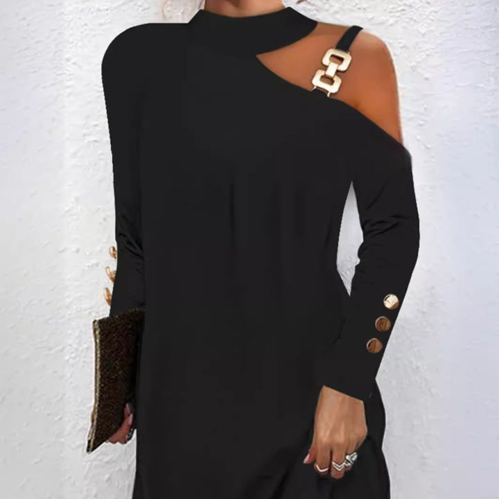 Women nan asymmetrical mini dress with stand collar, cut-out shoulder and decorative chain straps Mune Fashion