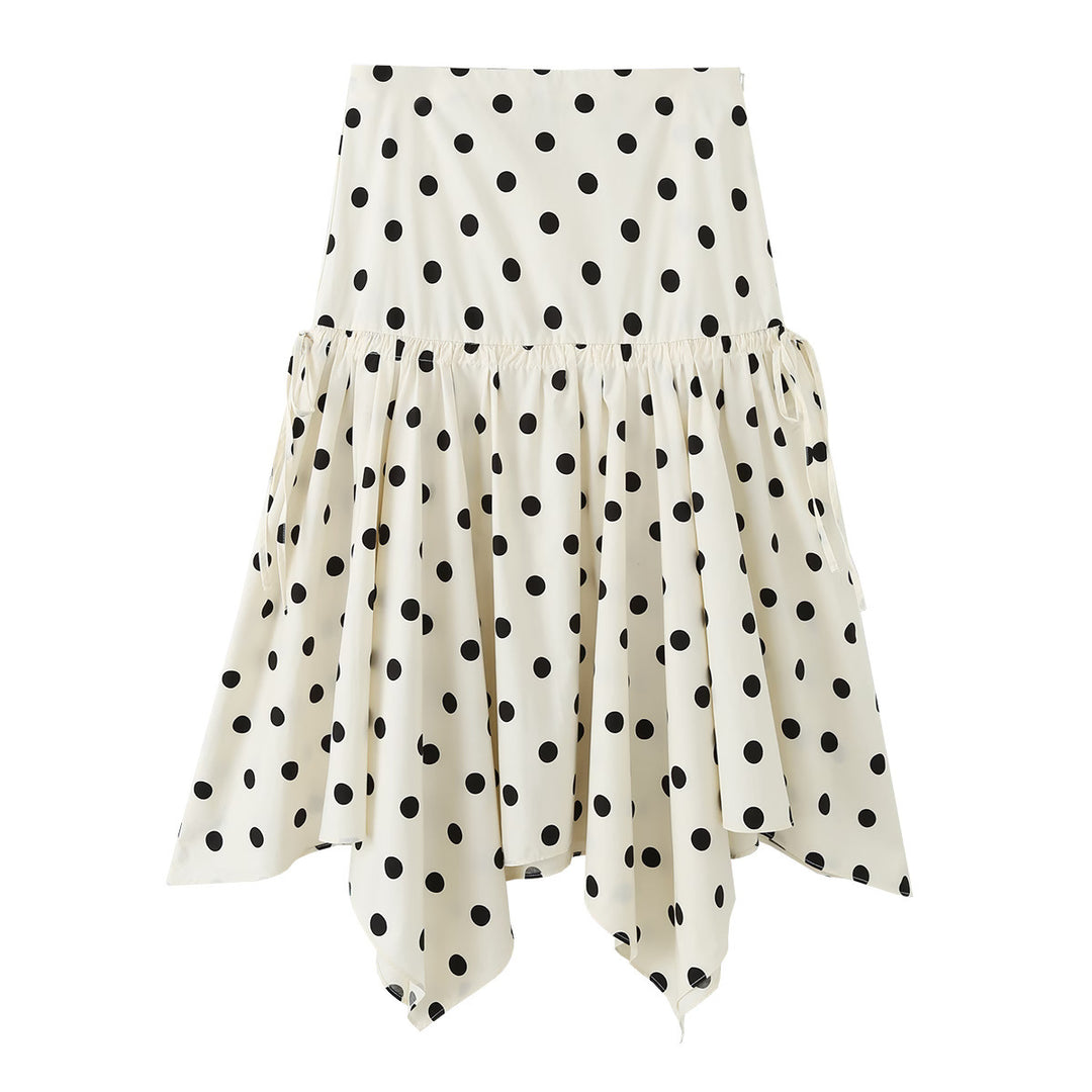 Women's midi skirt with asymmetrical jagged hem, polka dot pattern and high waistband Mune Fashion