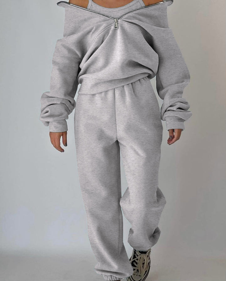 Women's Oversized Half-Zip Sweatshirt with Stand-Up Collar and Matching High-Waist Jogging Pants Mune Fashion