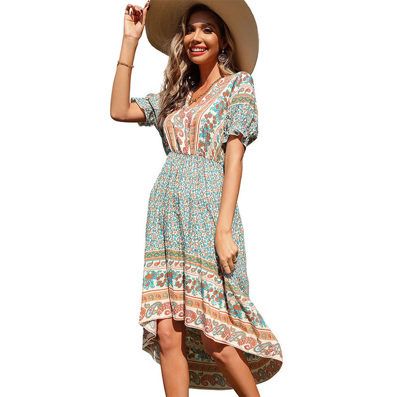 Women's Lightweight Midi Dress with Paisley Print, Elastic Waistband and Asymmetrical Hem Mune Fashion