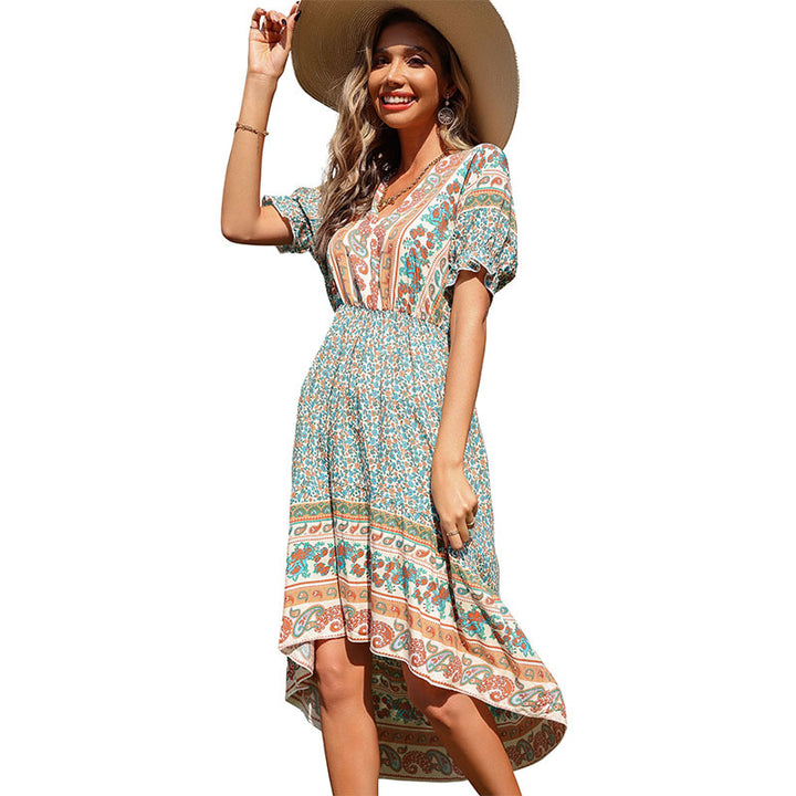 Women's Lightweight Midi Dress with Paisley Print, Elastic Waistband and Asymmetrical Hem Mune Fashion