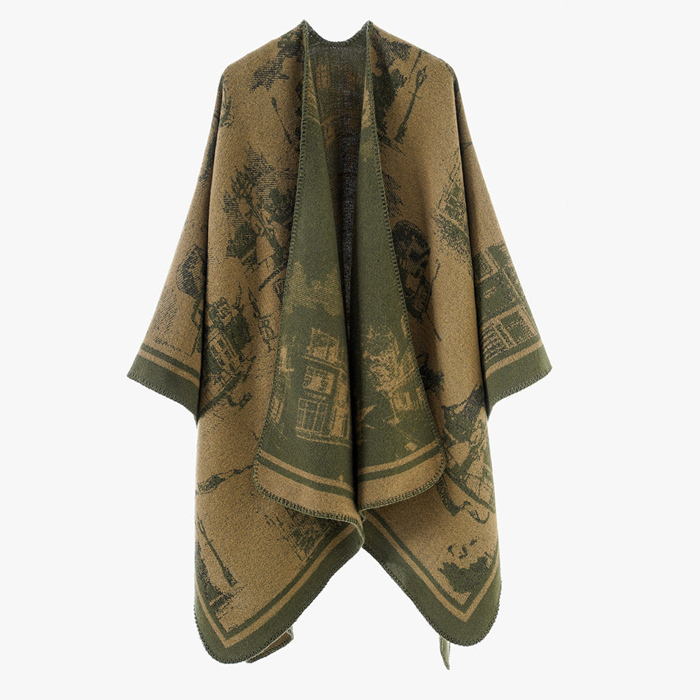 Women's Jacquard Cape Poncho with iconic city Jacquard and open oversized fall Mune Fashion