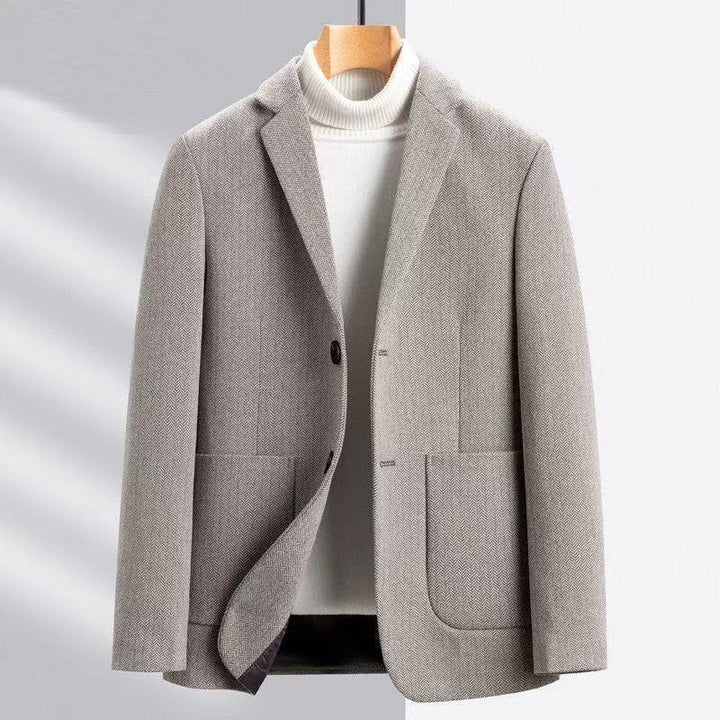 Men's Casual Wool Blend Blazer in Herringbone Pattern with Patch Pockets Mune Fashion