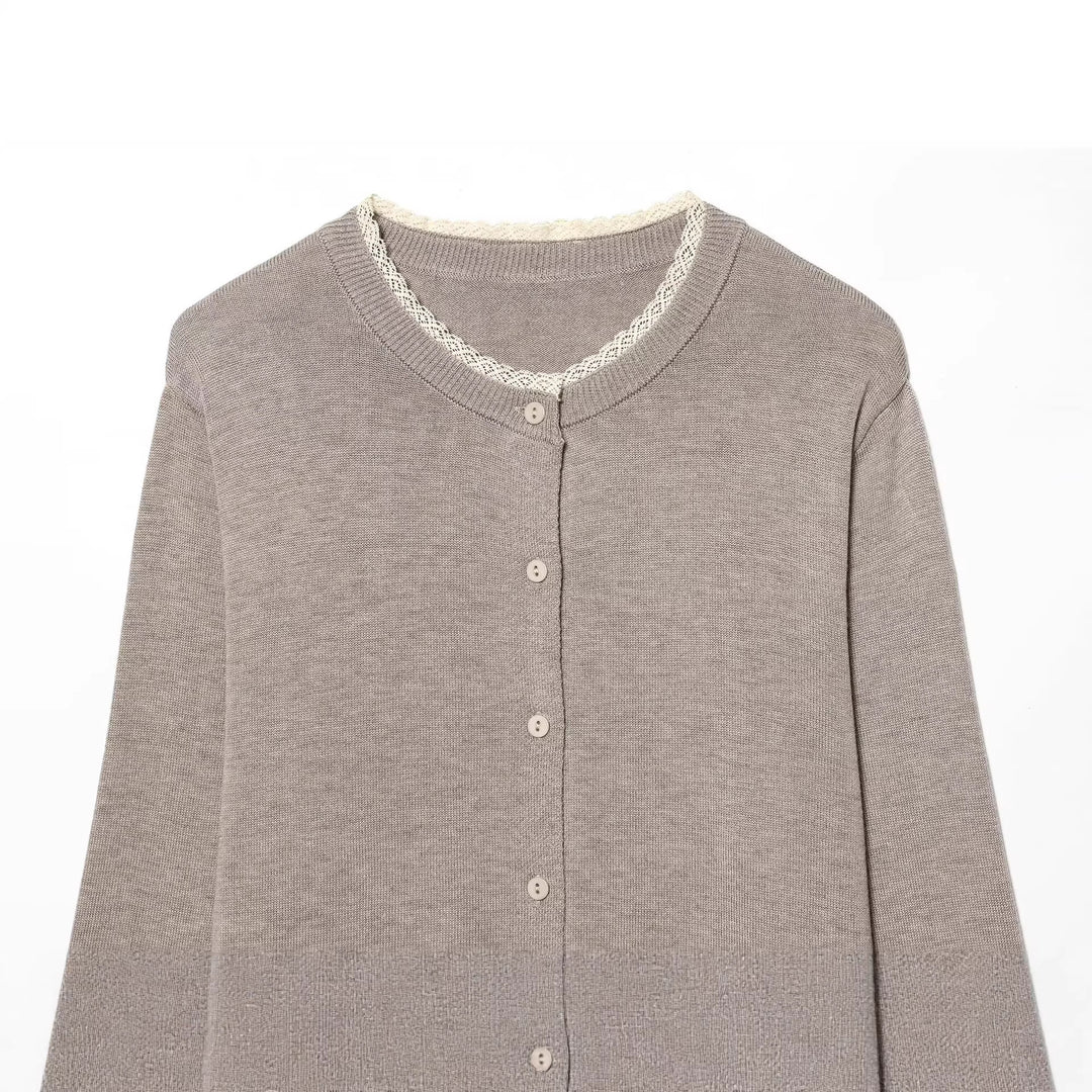 Women Classic Fine Knit Cardigan with Delicate Lace Edge Mune Fashion