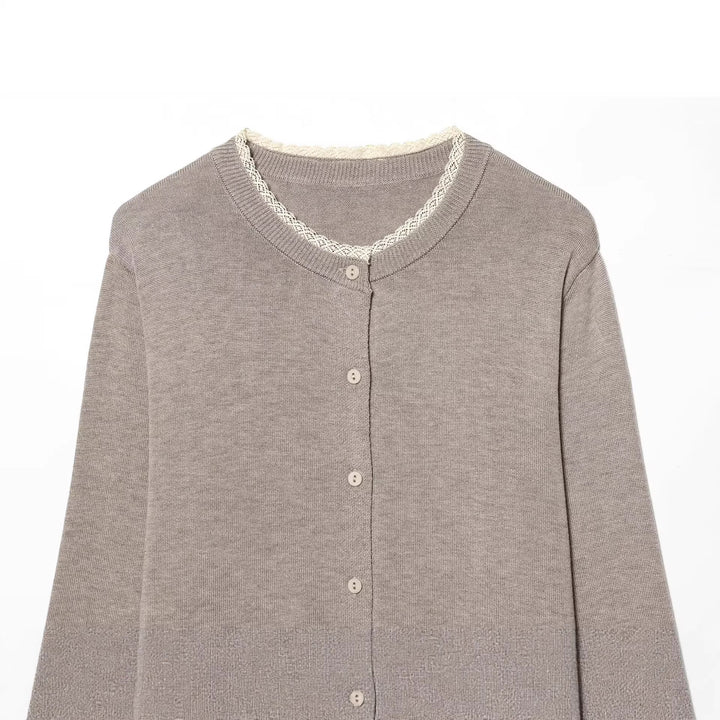 Women Classic Fine Knit Cardigan with Delicate Lace Edge Mune Fashion