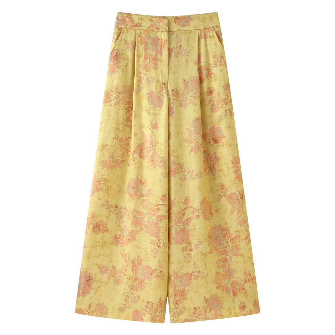Ladies high-waisted wide palazzo pants made of brocade with floral jacquard pattern Mune Fashion