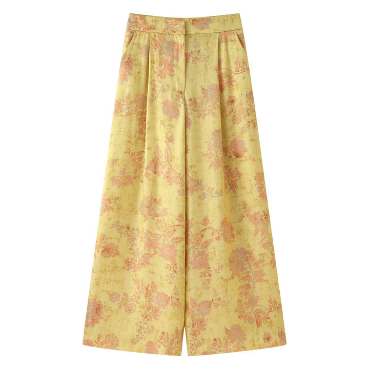 Ladies high-waisted wide palazzo pants made of brocade with floral jacquard pattern Mune Fashion