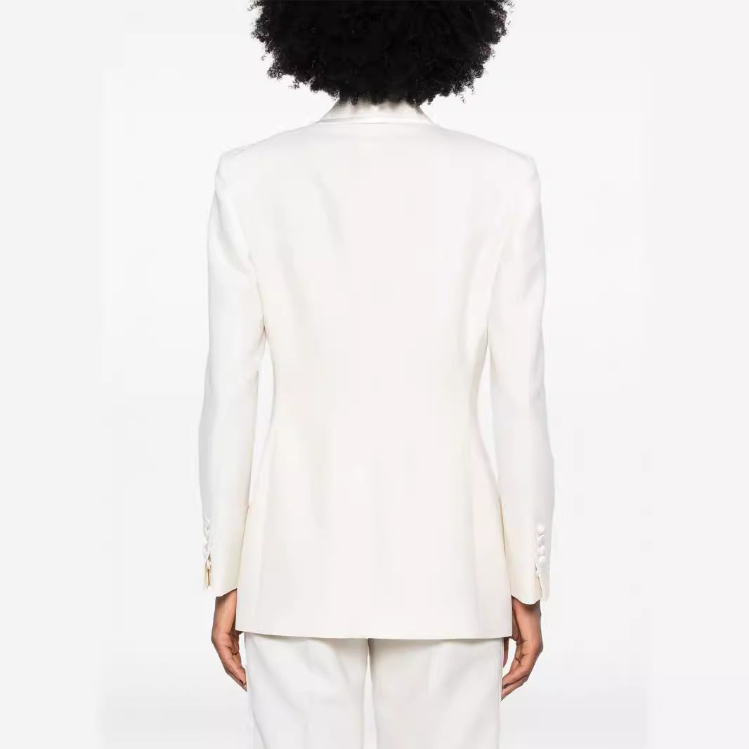 Women's Double-Breasted Long Blazer Pantsuit with Marlene Wide Leg Pants and Slim Silhouette Mune Fashion