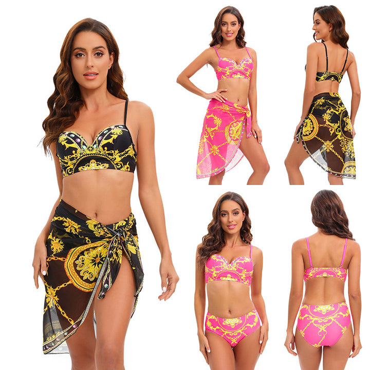 Women's bikini set with elegant pattern mix and transparent beach tunic Mune Fashion