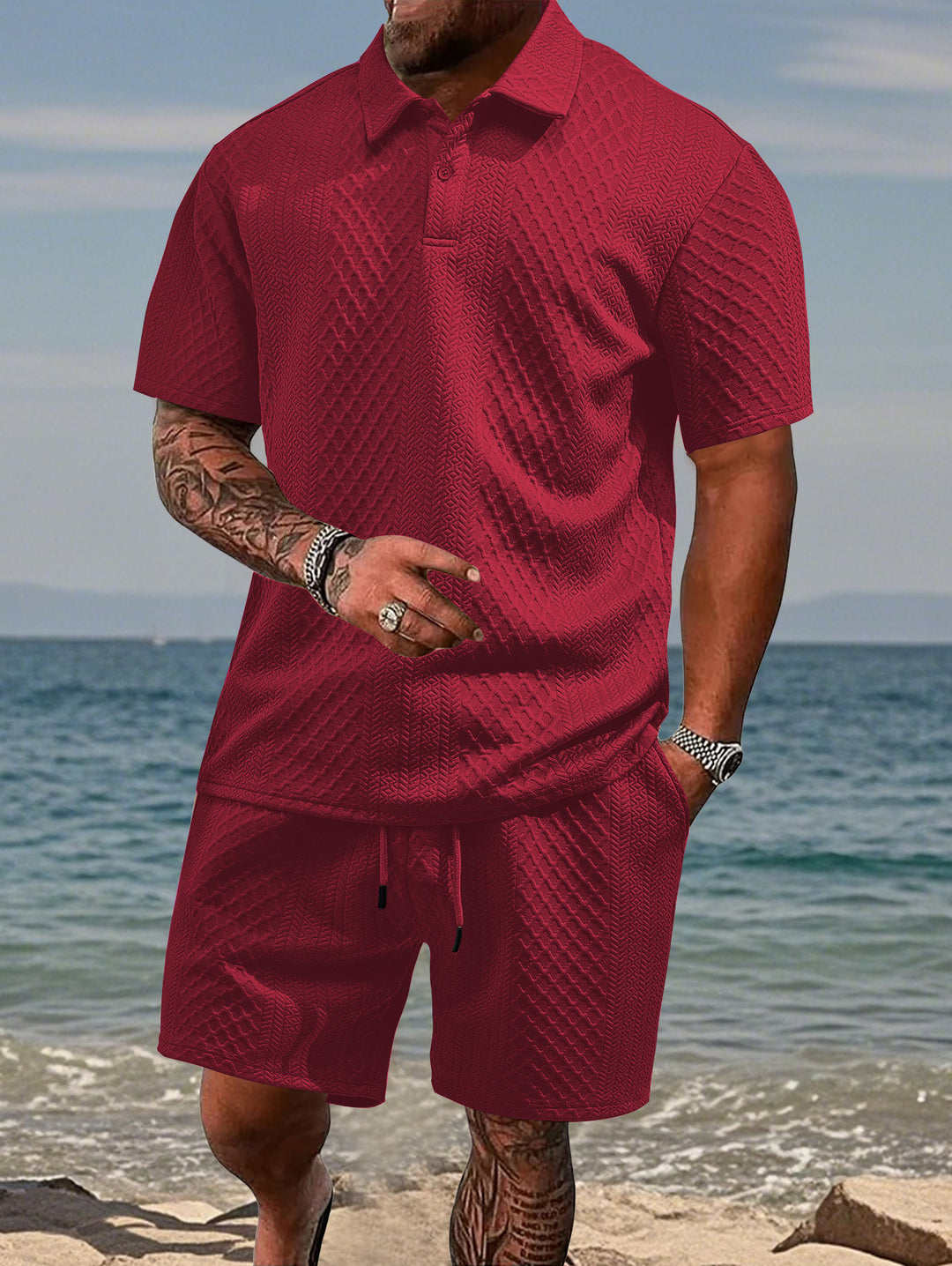 Men's embossed beach ensemble with open short sleeve shirt and cord Bermuda Mune Fashion