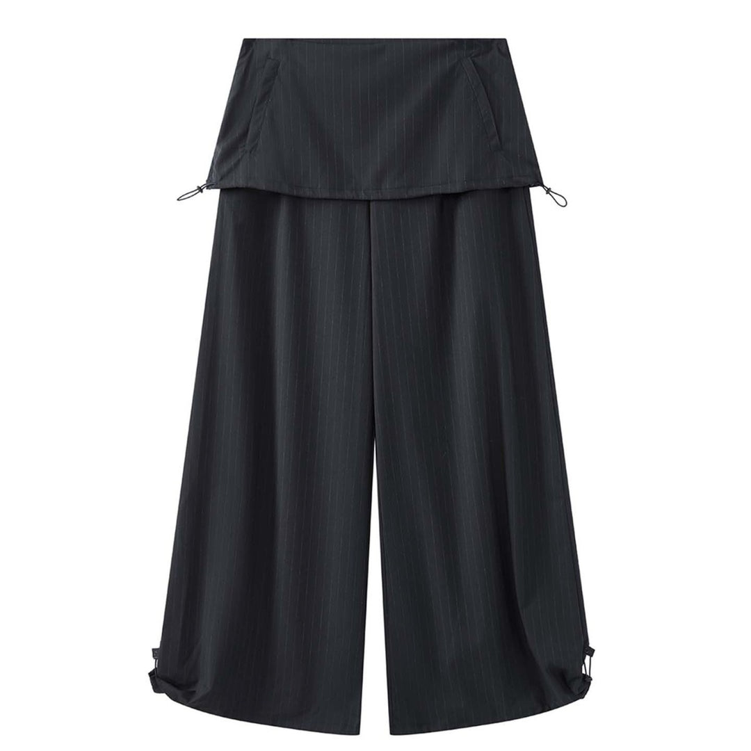 Women Wide Pinstripe Pants with Overlay and Drawstring Mune Fashion