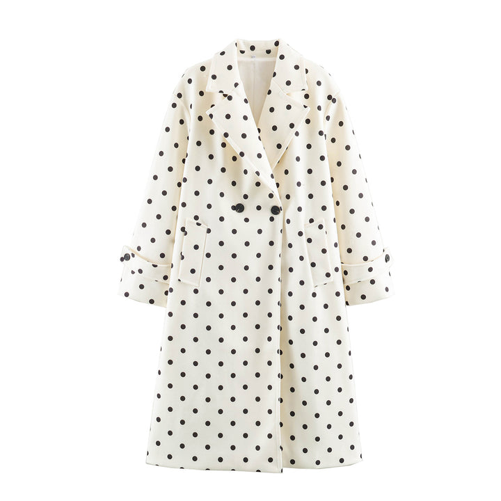 Women's midi coat in polka dot pattern with lapel collar and double-breasted button placket Mune Fashion
