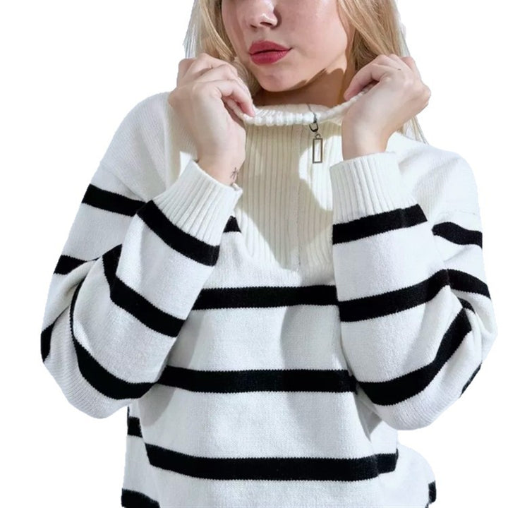 Women Striped Knit Sweater with Short Zipper and Polo Collar Mune Fashion