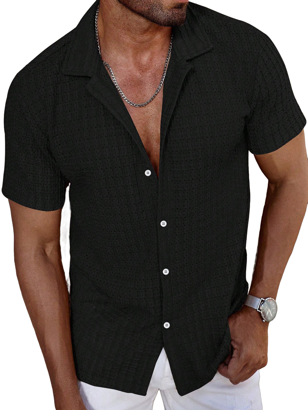 Men's airy short-sleeve ajour shirt with shawl collar and continuous button placket Mune Fashion