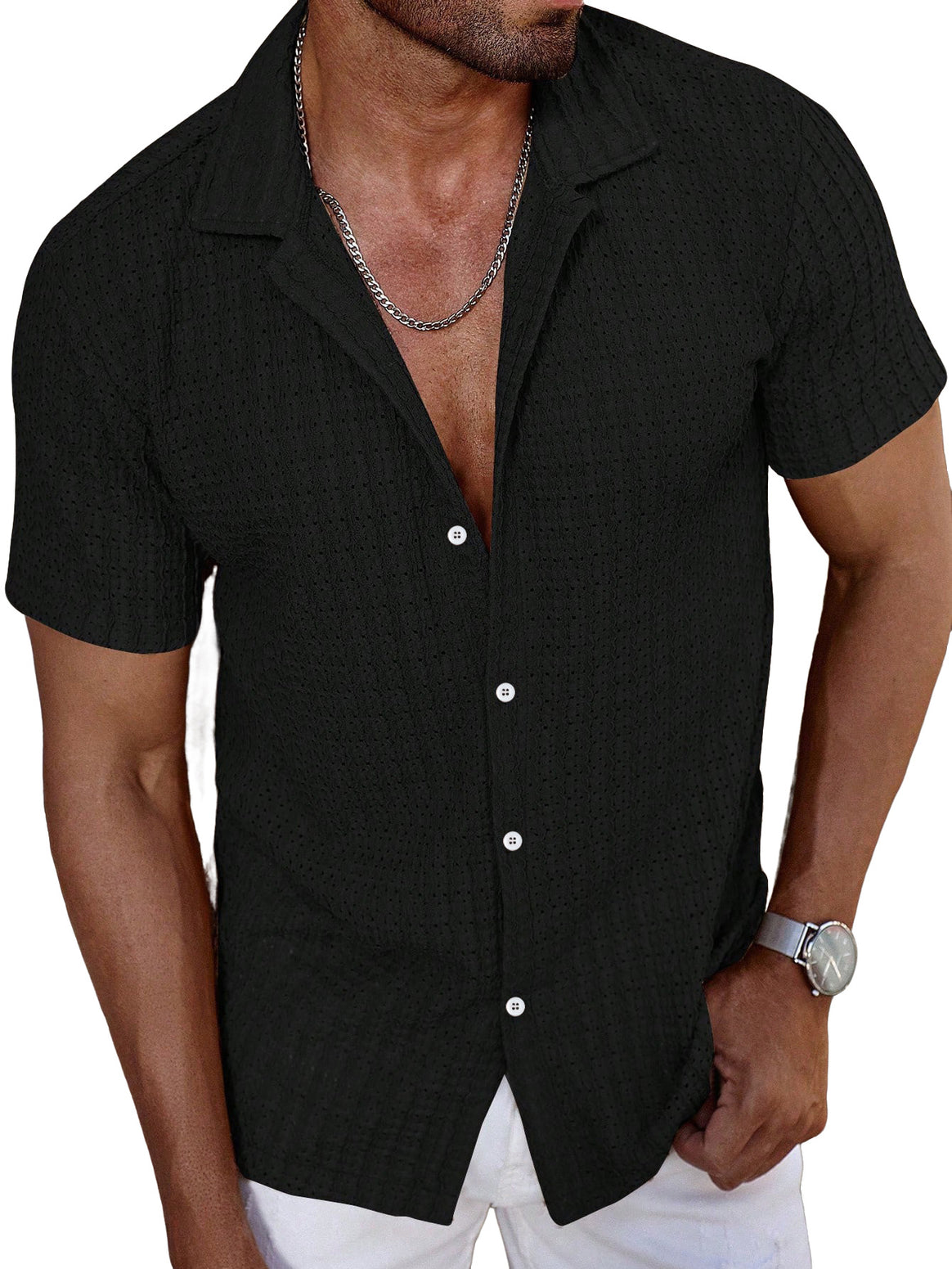 Men's airy short-sleeve ajour shirt with shawl collar and continuous button placket Mune Fashion