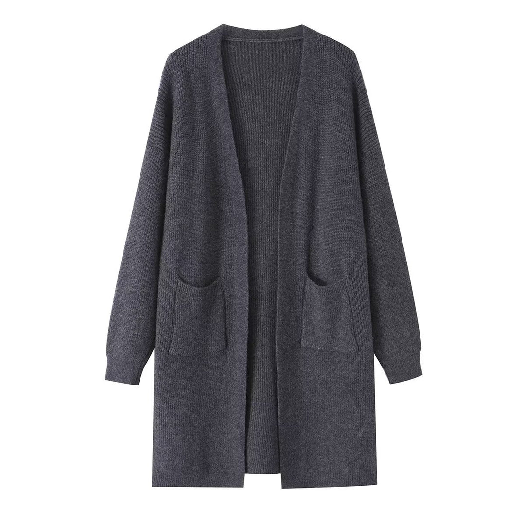 Ladies Longline Knit Cardigan with Patch Pockets and Open Front Mune Fashion