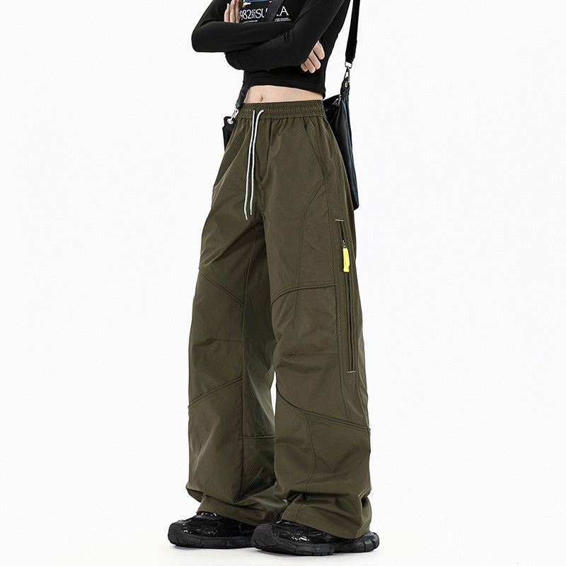 Women Wide Utility Cargo Pants with Elastic Waistband and Zipper Pockets Mune Fashion