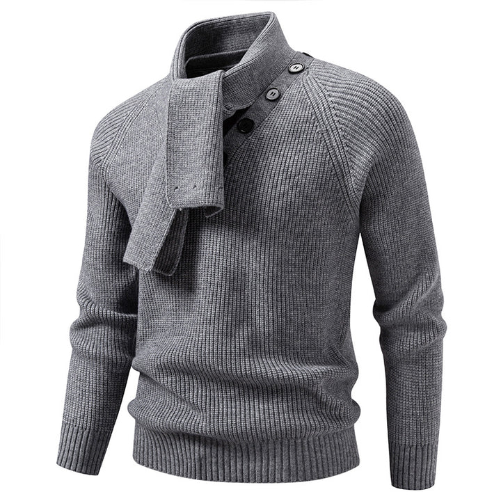 Men's knitted sweater with integrated funnel collar scarf and button detail Mune Fashion