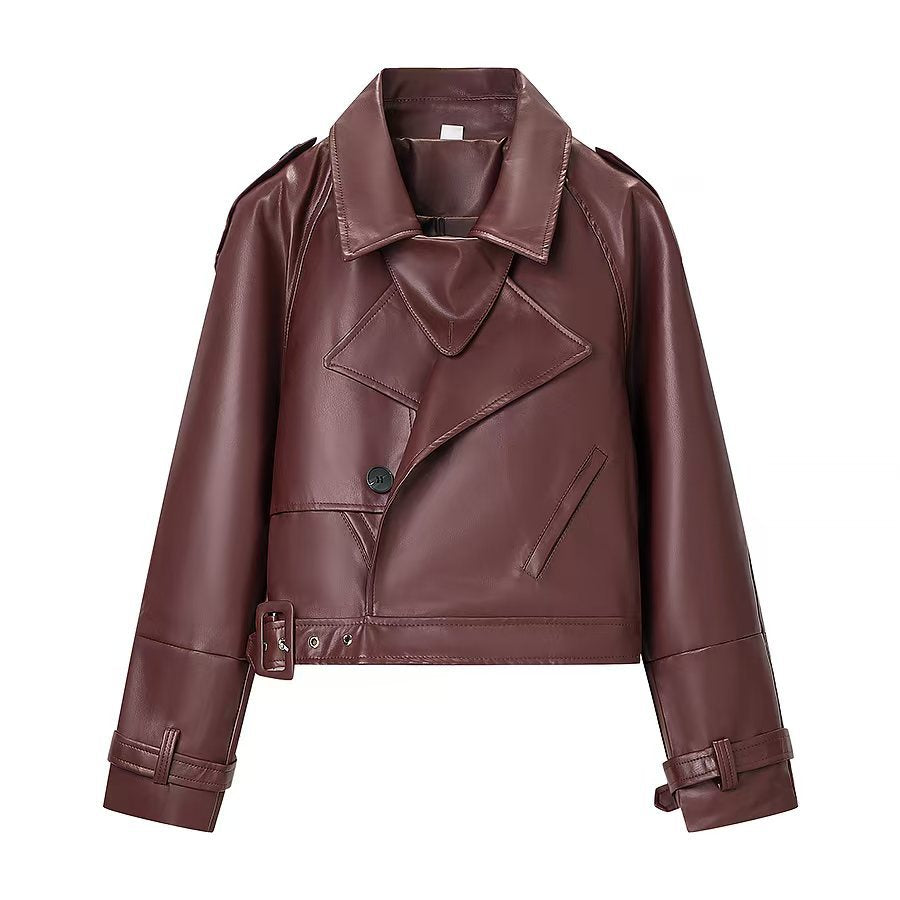 Women's longer tailored faux leather coat with shawl collar and tie belt Mune Fashion