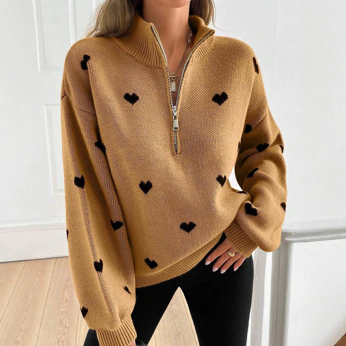 Women's Oversized Knit Sweater with Half-Zip and Heart Design Mune Fashion