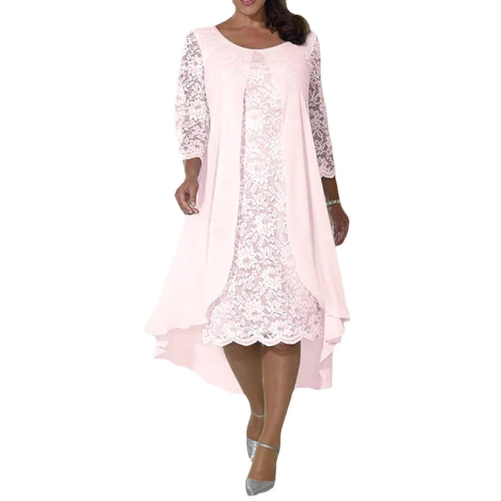 Ladies' elegant chiffon lace dress with high-low overlay and three-quarter sleeves Mune Fashion