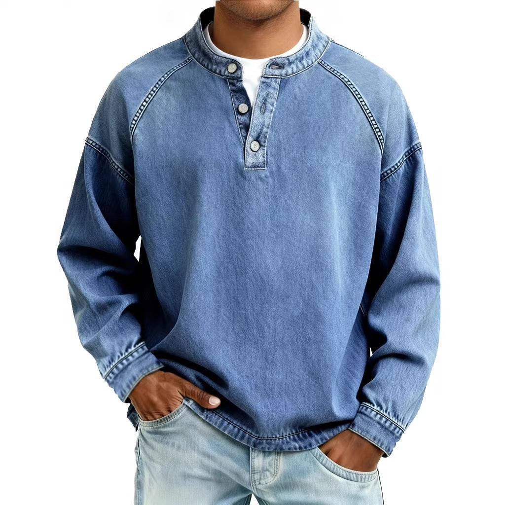 Men's faded Henley shirt with stand-up collar, loose fit and button placket Mune Fashion