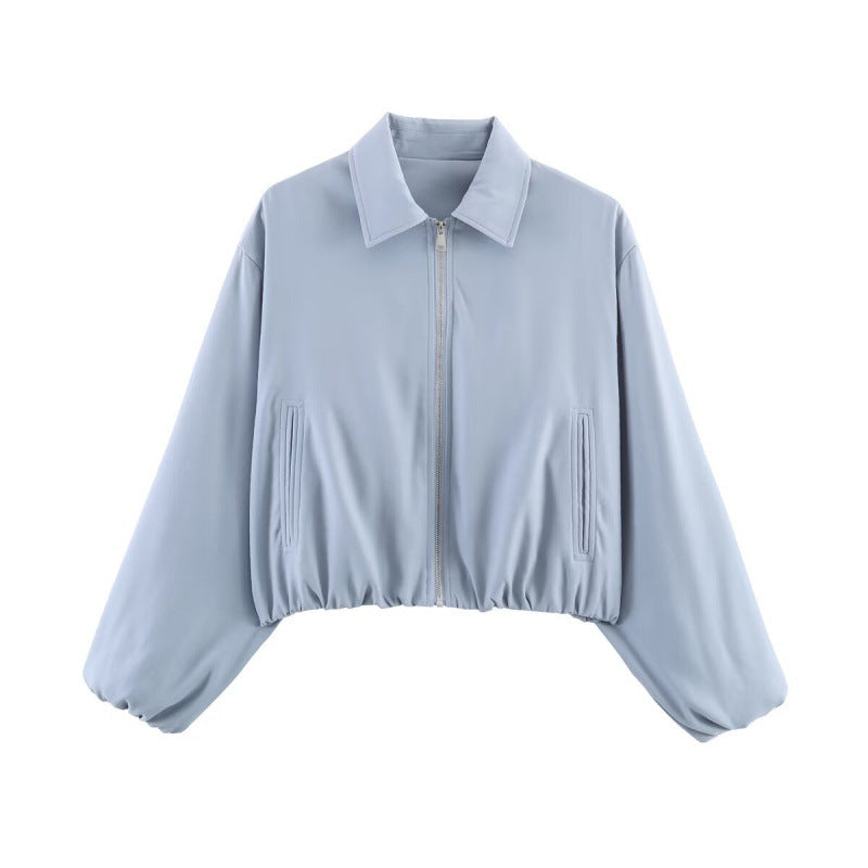Women Polka Dot Cropped Bomber Jacket in Retro Look with Shirt Collar and Elastic Hem Mune Fashion