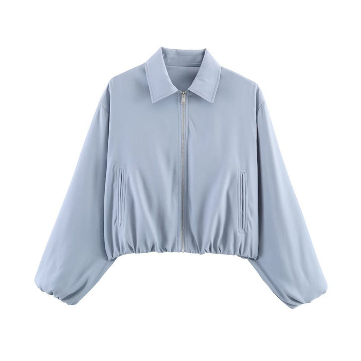 Women Polka Dot Cropped Bomber Jacket in Retro Look with Shirt Collar and Elastic Hem Mune Fashion
