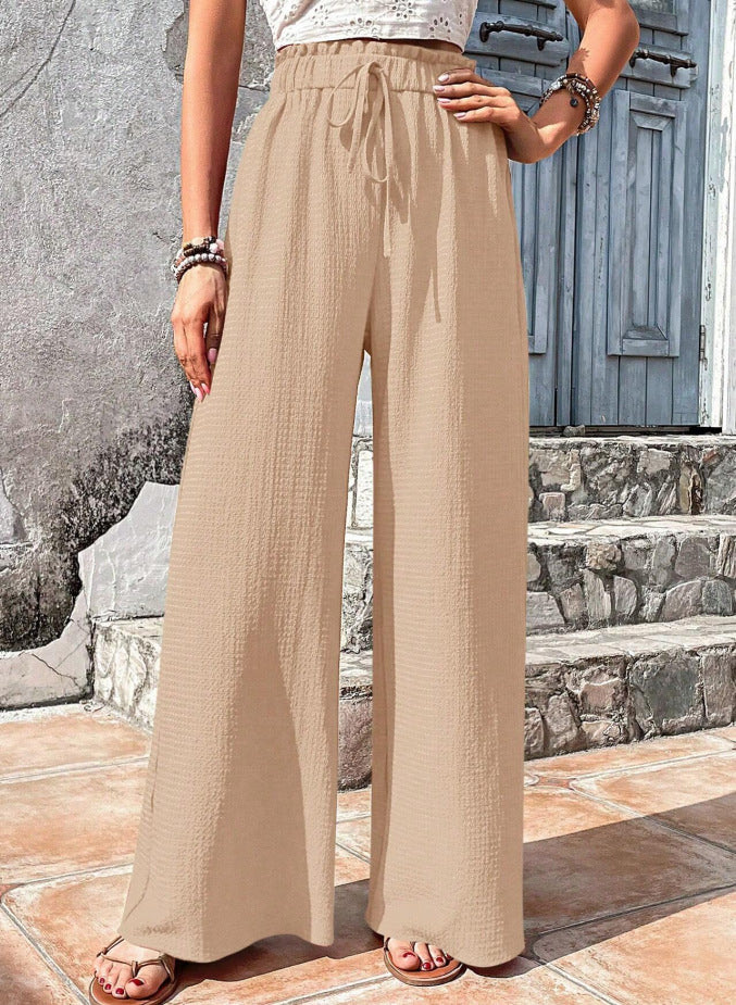 Women Lightweight Palazzo Pants with Crinkle Texture, High Smocked Waist and Drawstring Mune Fashion