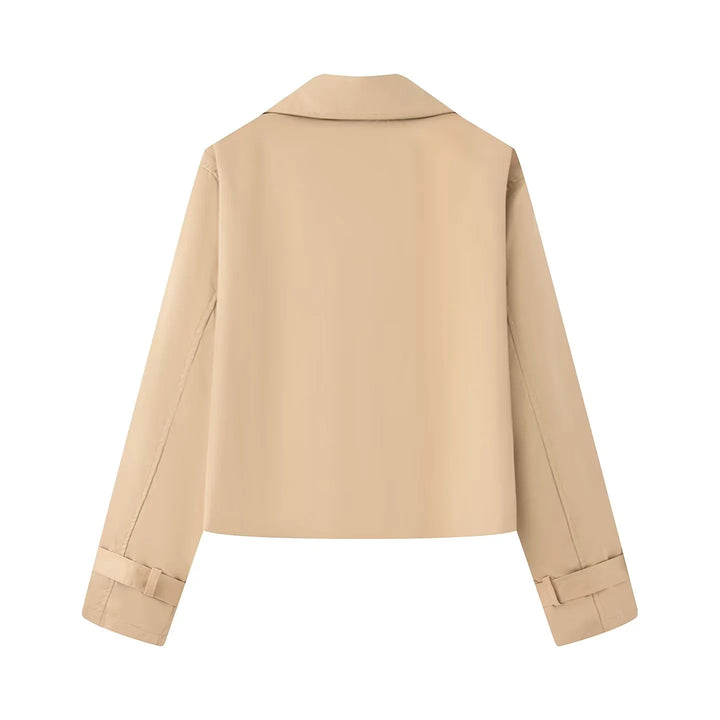 Women's short cropped trench coat with double-breasted button placket and adjustable sleeve straps Mune Fashion