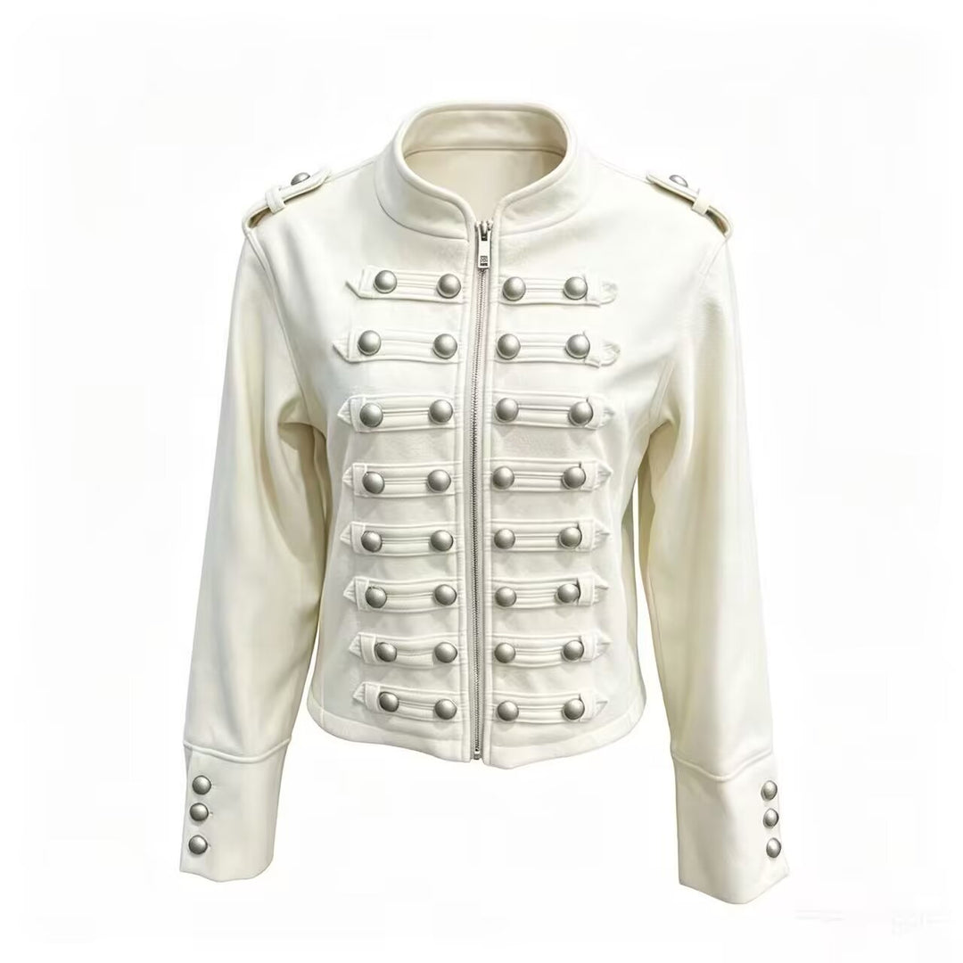 Ladies short jacket in military style with stand-up collar, decorative button placket and shoulder epaulettes Mune Fashion