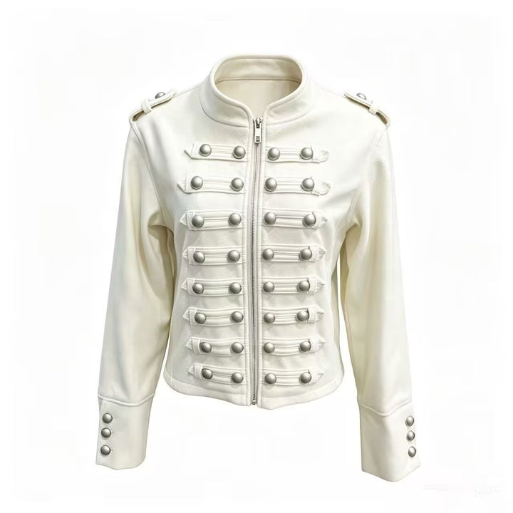 Ladies short jacket in military style with stand-up collar, decorative button placket and shoulder epaulettes Mune Fashion