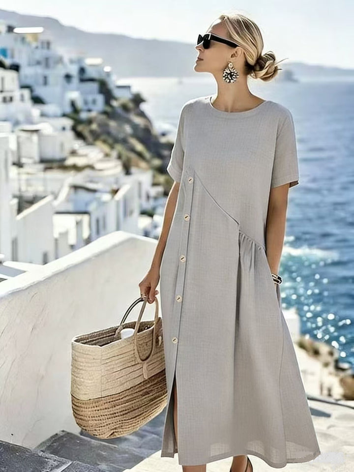 Women's Airy Summer Dress with Side Button Placket, Short Sleeves and Slit Mune Fashion