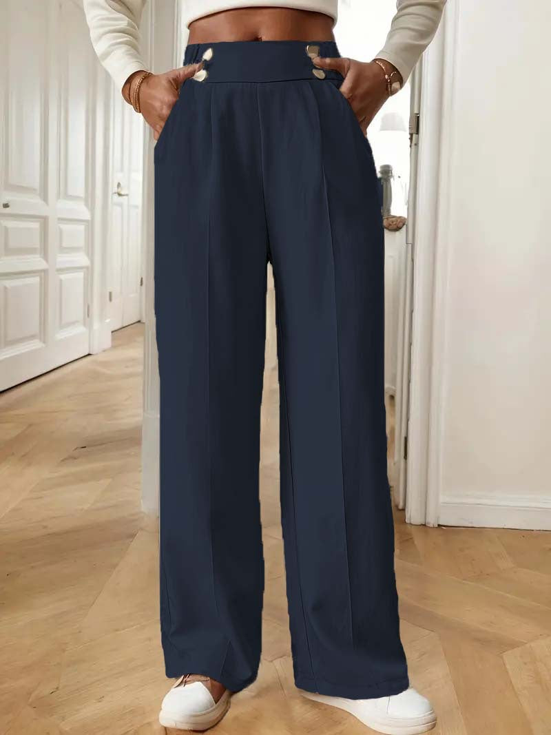 Women's High-Waisted Wide Marlene Pants with Decorative Button Waistband and Ironed Pleat Mune Fashion