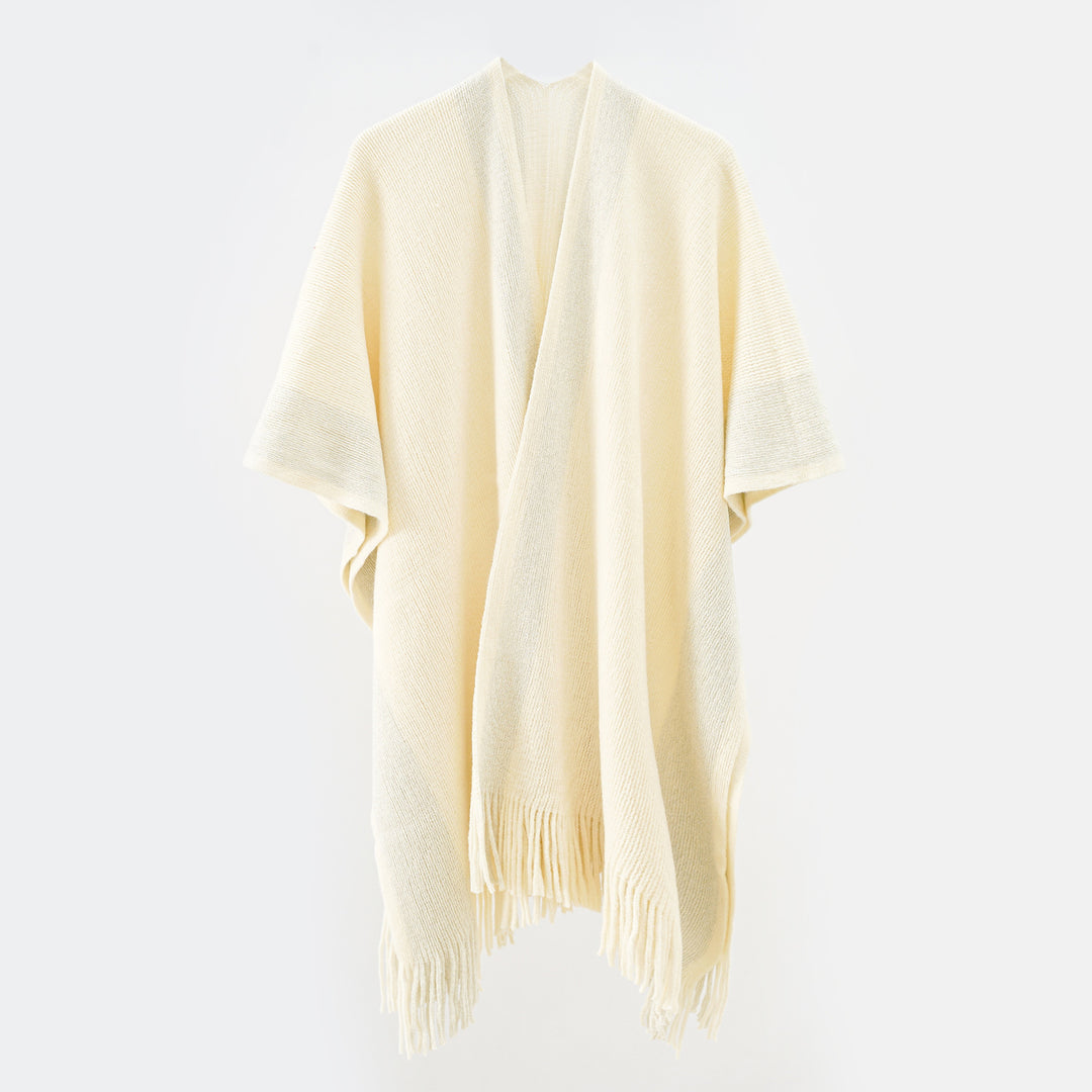 Women Oversize Knit Cape with Fringes and Contrasting Border Mune Fashion