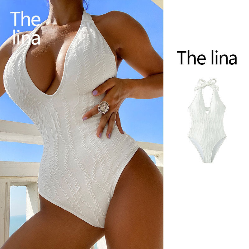 Women's One-Piece Swimsuit with Intense V-Neckline and Textured Surface Mune Fashion