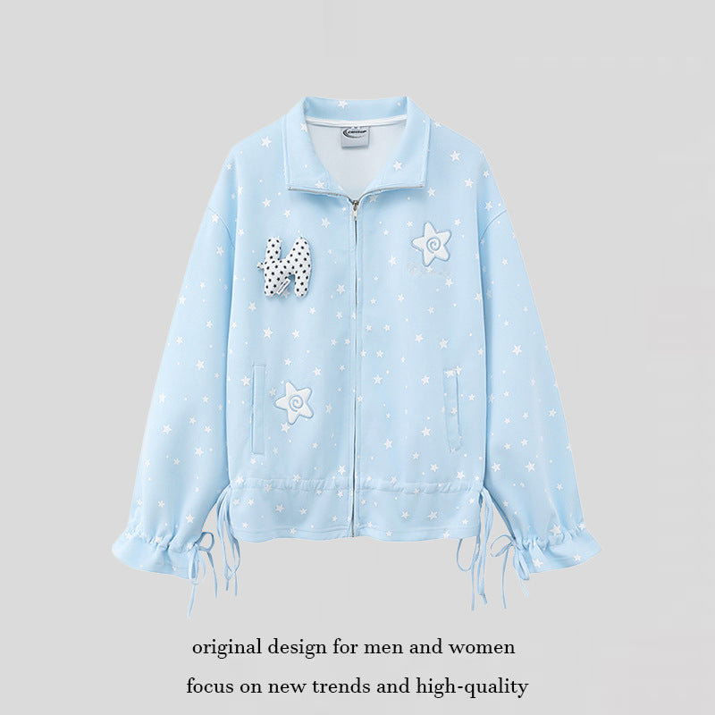 Women's lightweight stand collar sweat jacket with all-over stars, appliques and drawstring Mune Fashion