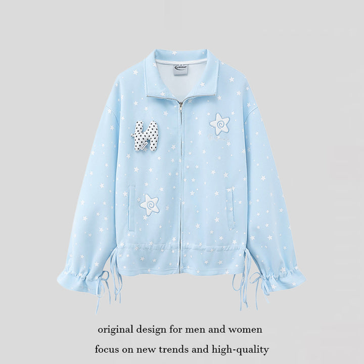 Women's lightweight stand collar sweat jacket with all-over stars, appliques and drawstring Mune Fashion