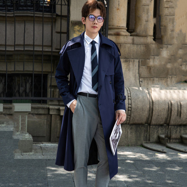 Men's Elegant Long Trench Coat with Tie Belt and Back Yoke Mune Fashion