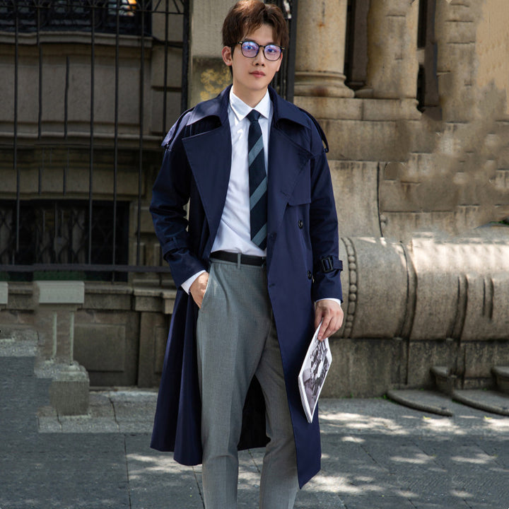 Men's Elegant Long Trench Coat with Tie Belt and Back Yoke Mune Fashion