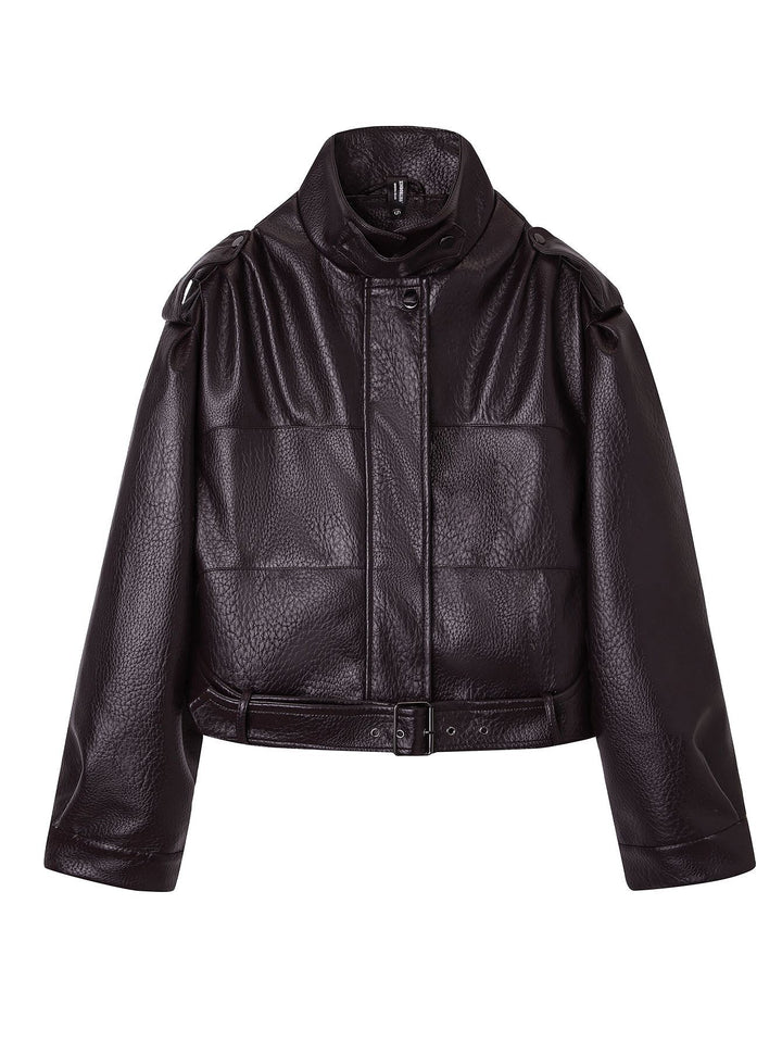 Ladies Fashion Faux Leather Jacket with Belt Mune Fashion