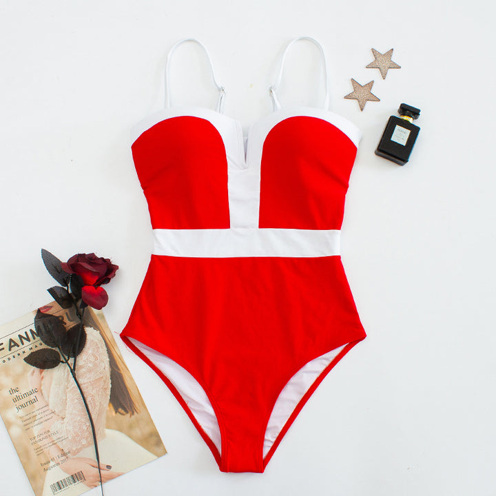 Women Elegant One-Piece Swimsuit with Deep V-Neck and Contrasting Details Mune Fashion
