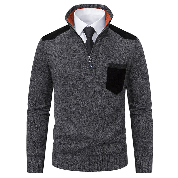 Men's fine knit half-zip pullover with stand-up collar, chest pocket and shoulder yoke Mune Fashion