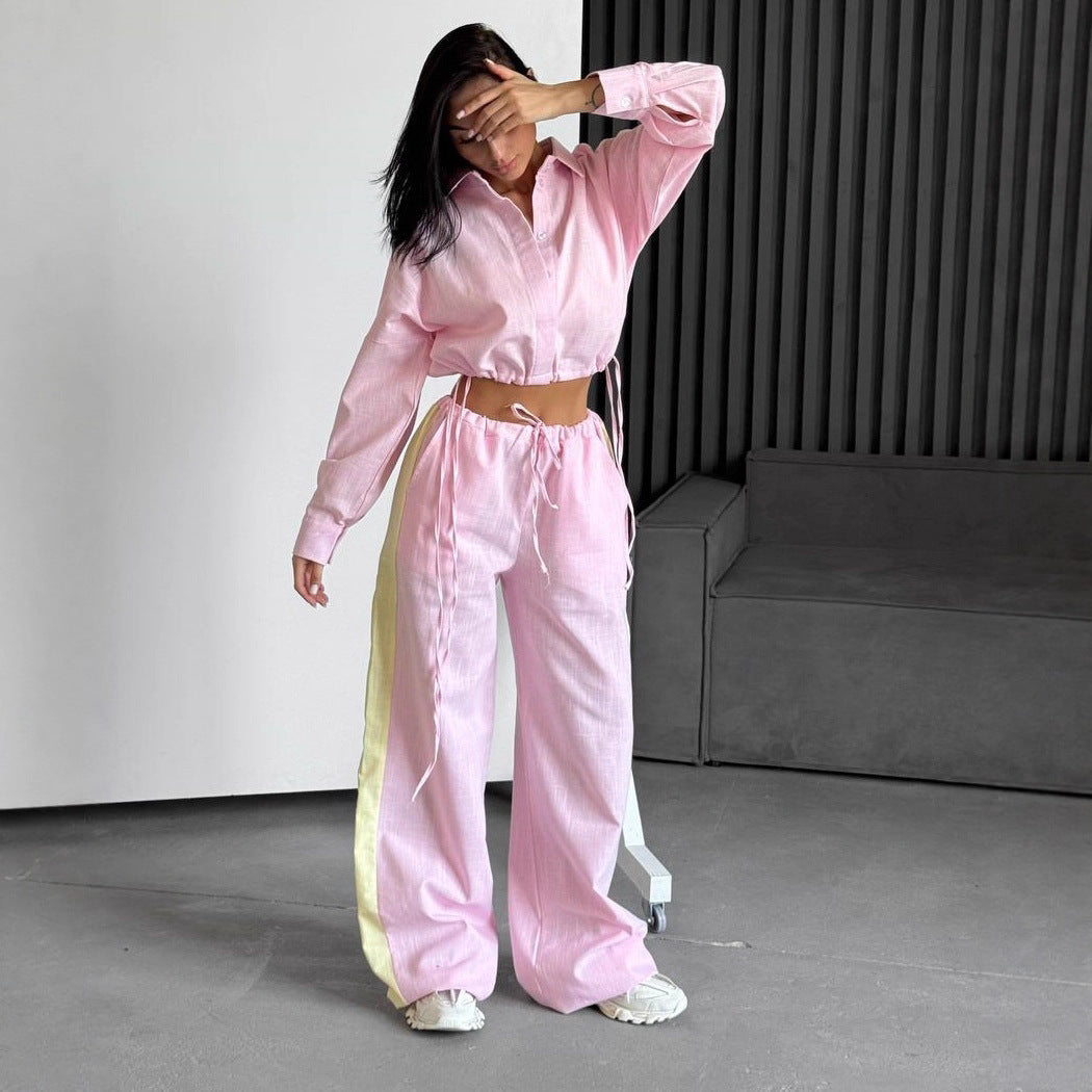 Women's short shirt with drawstring and wide high-cut linen pants set Mune Fashion