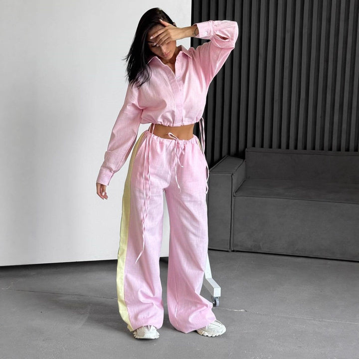 Women's short shirt with drawstring and wide high-cut linen pants set Mune Fashion