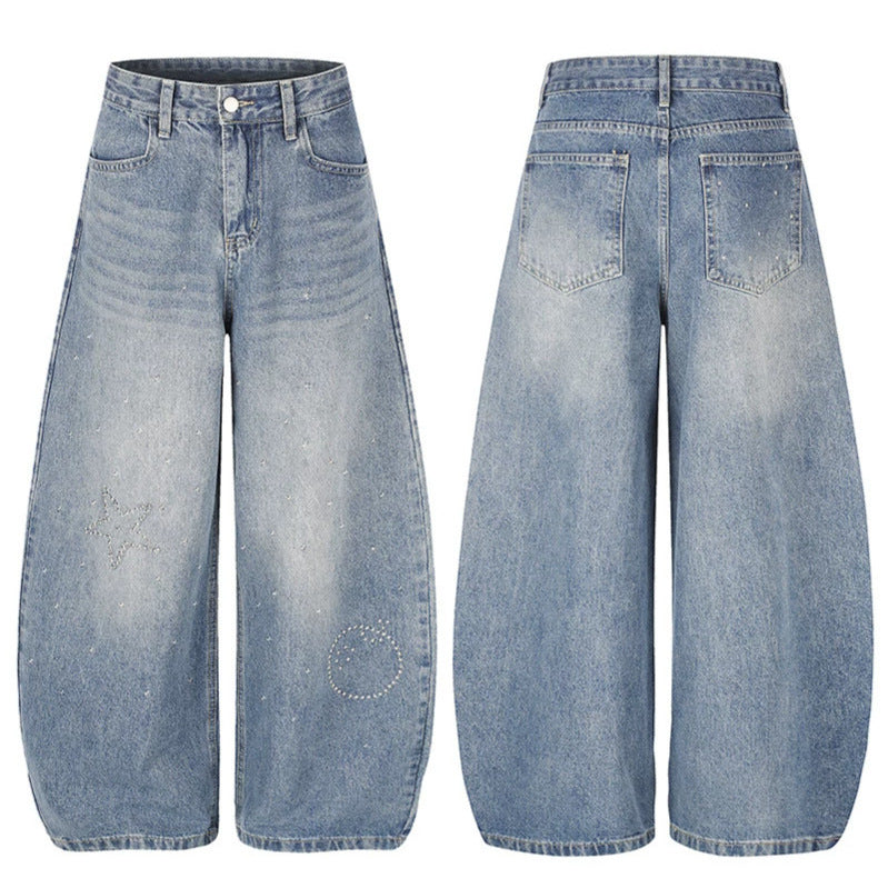 Women's Extra Wide High-Waist Denim Culottes with Palazzo Cut and Star Stud Decoration Mune Fashion
