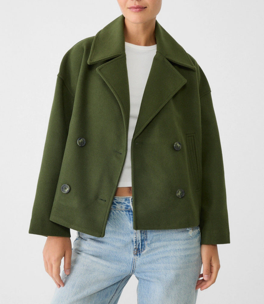 Women’s short cut double-breasted wool blend peacoat with wide lapels and boxy silhouette Mune Fashion