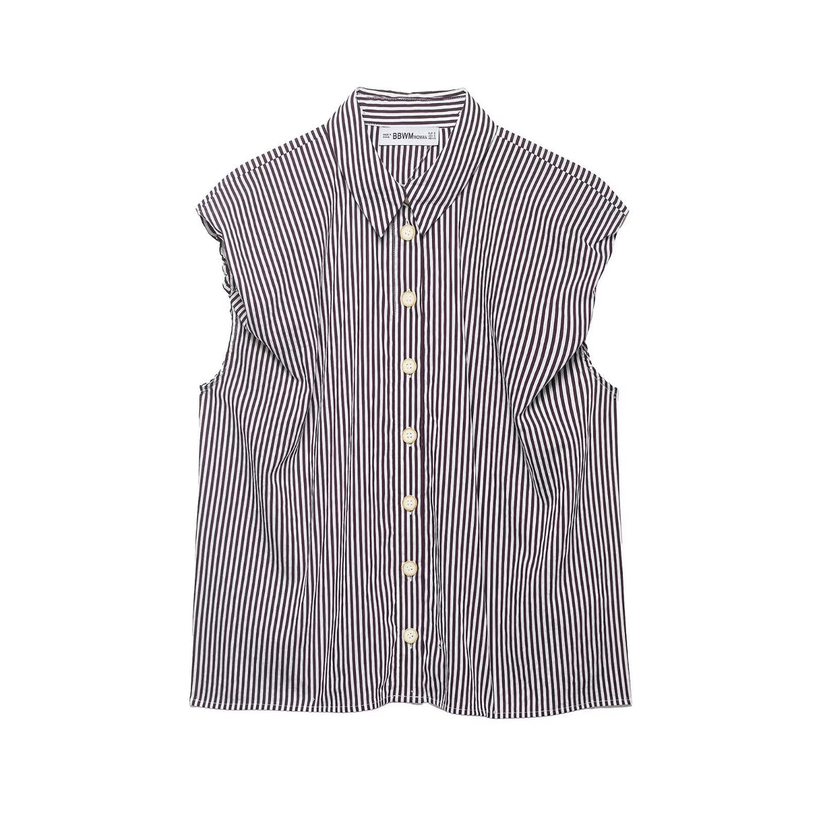 Women sleeveless shirt blouse with vertical striped pattern and continuous button placket Mune Fashion