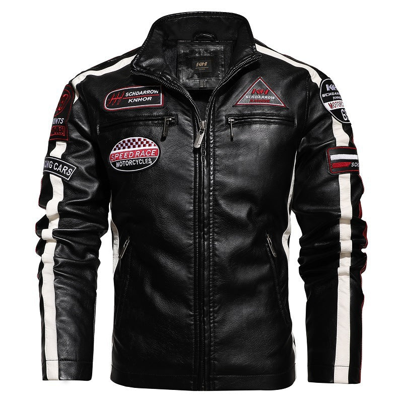 Men's Racing-Style Faux Leather Jacket with Patches, Contrast Stripes and Stand-Up Collar Mune Fashion